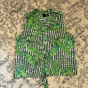 Tropical Green Leaf Print Sleeveless Blouse